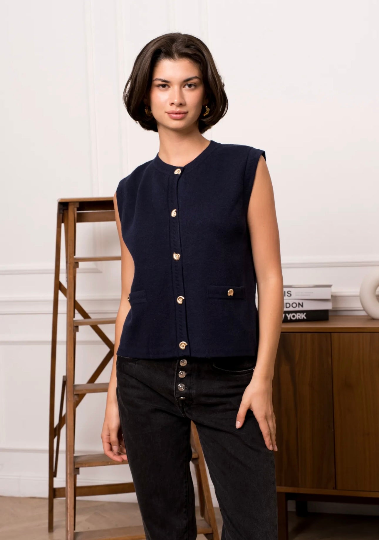 Navy Waistcoat With Statement Buttons