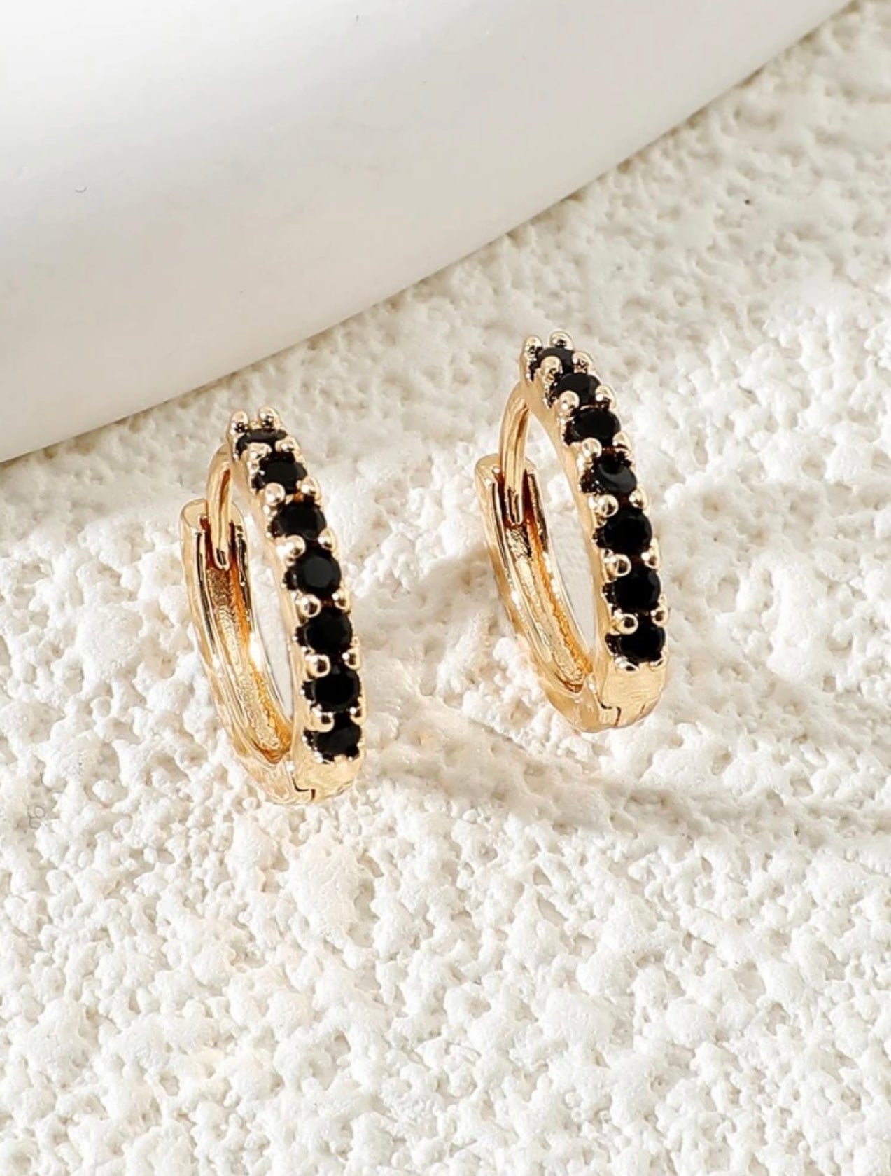 Gold Mini Hoops With Black Diamanté