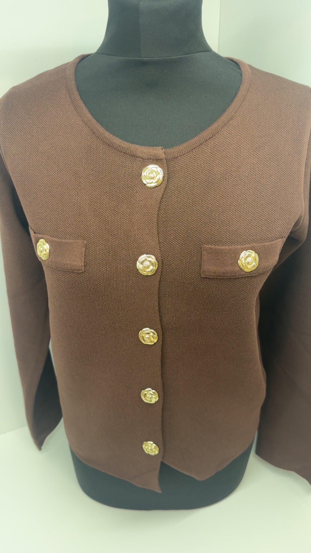 Brown Cardigan With Gold Statement Buttons