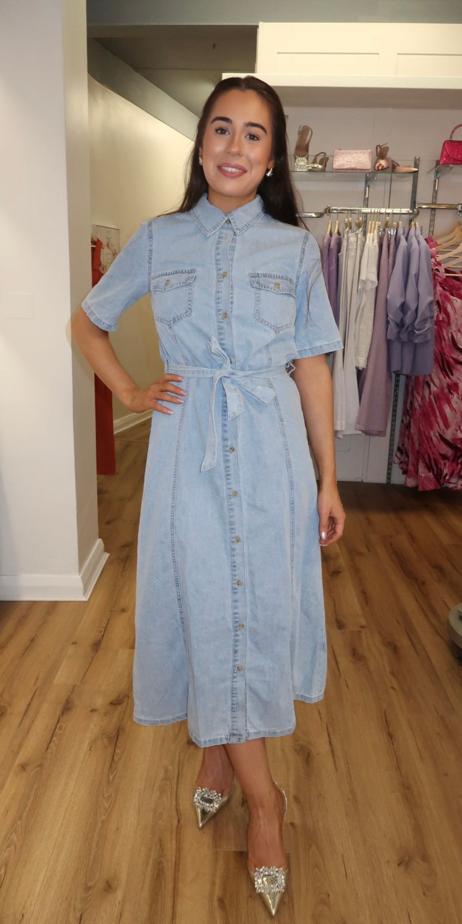 Nikki Denim Belted Midi Dress (size 8/10)