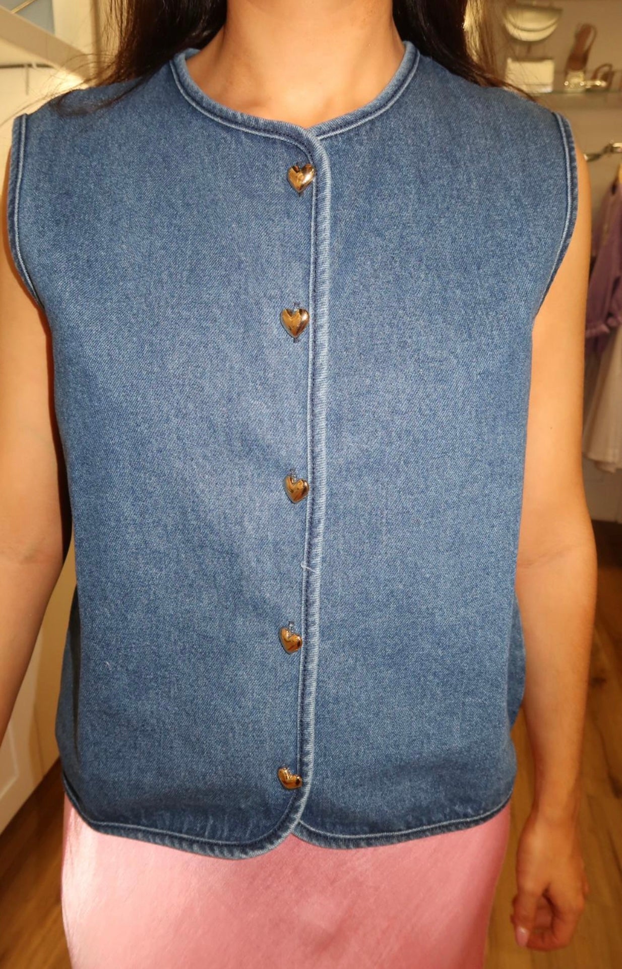 Kimberly Denim Waistcoat With Gold Heart Button Detail