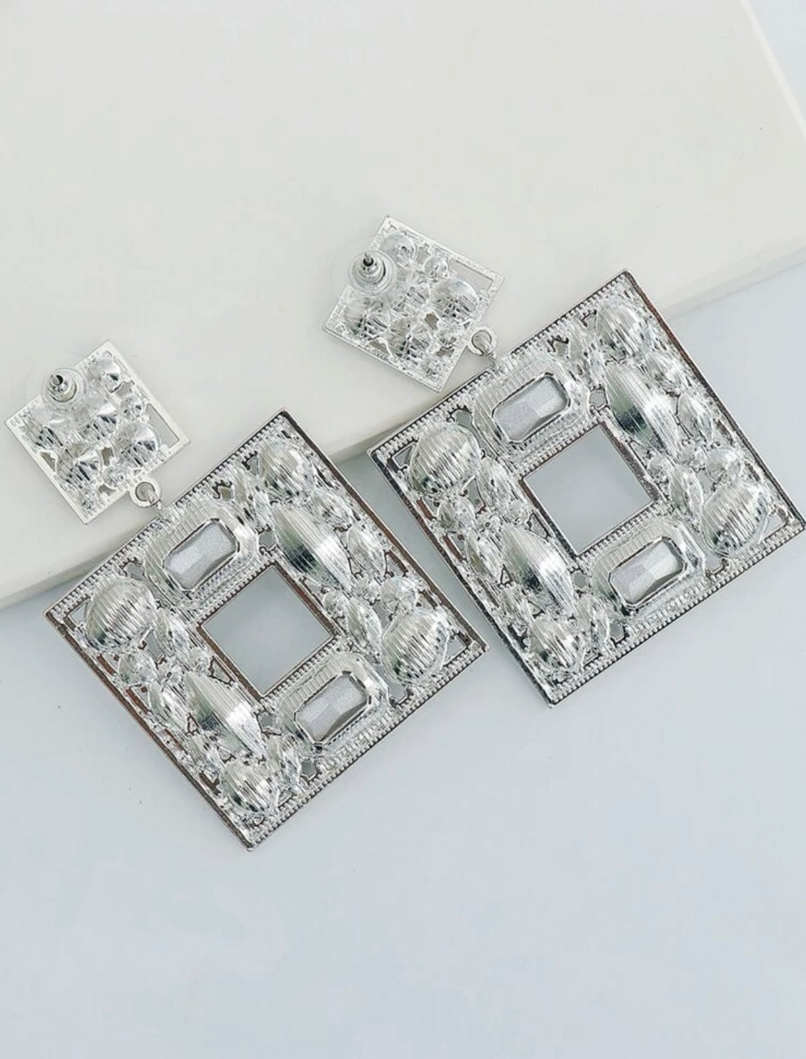 Geo Square Earrings Silver Crystal