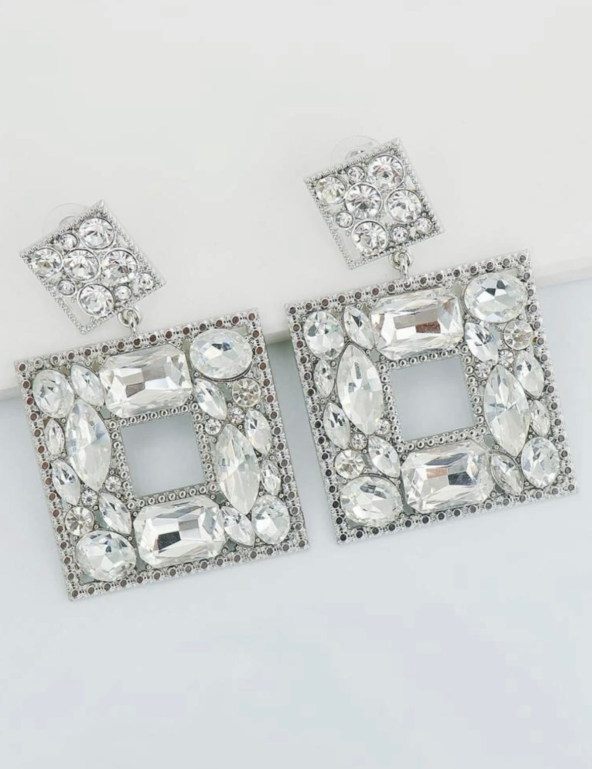 Geo Square Earrings Silver Crystal