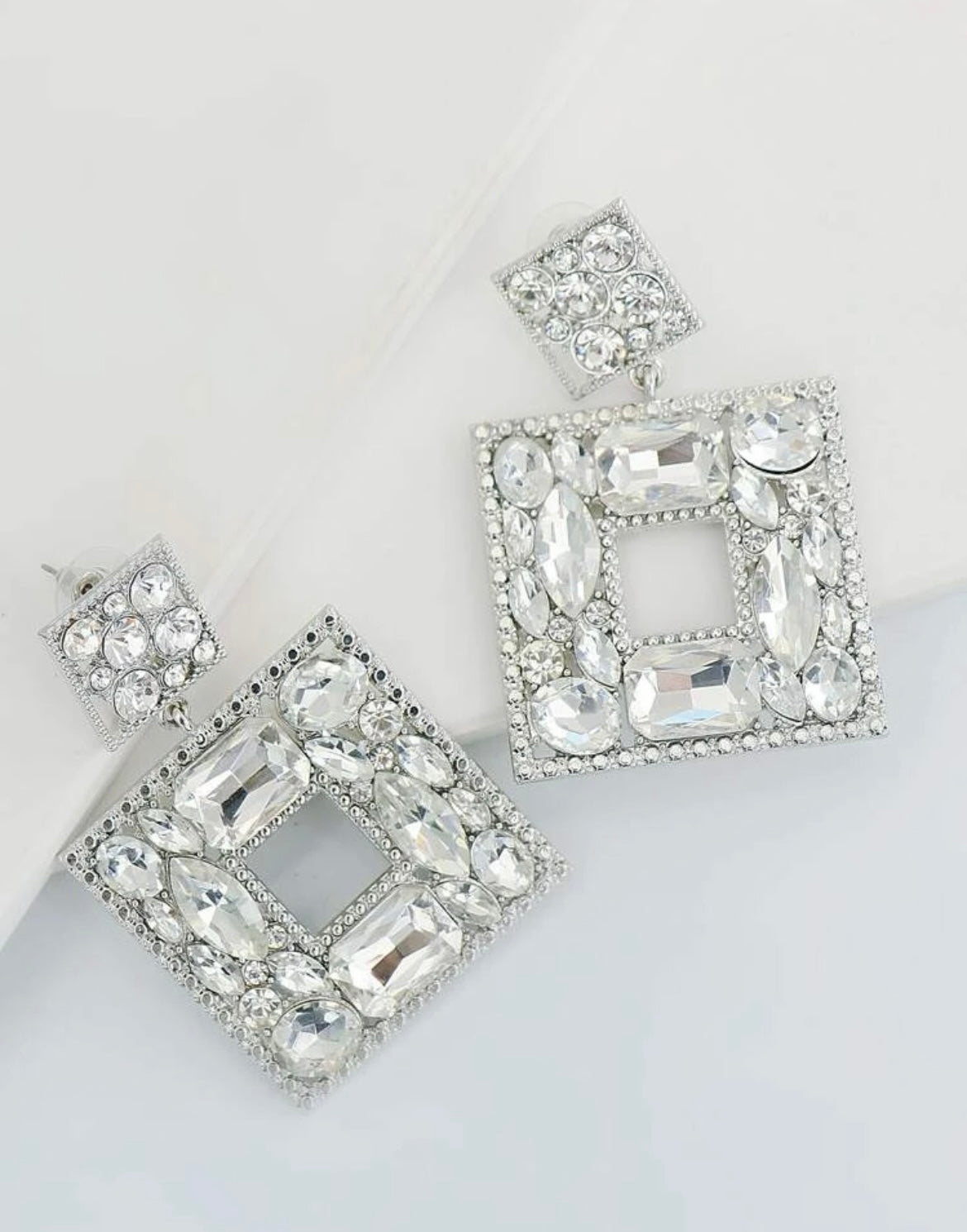 Geo Square Earrings Silver Crystal
