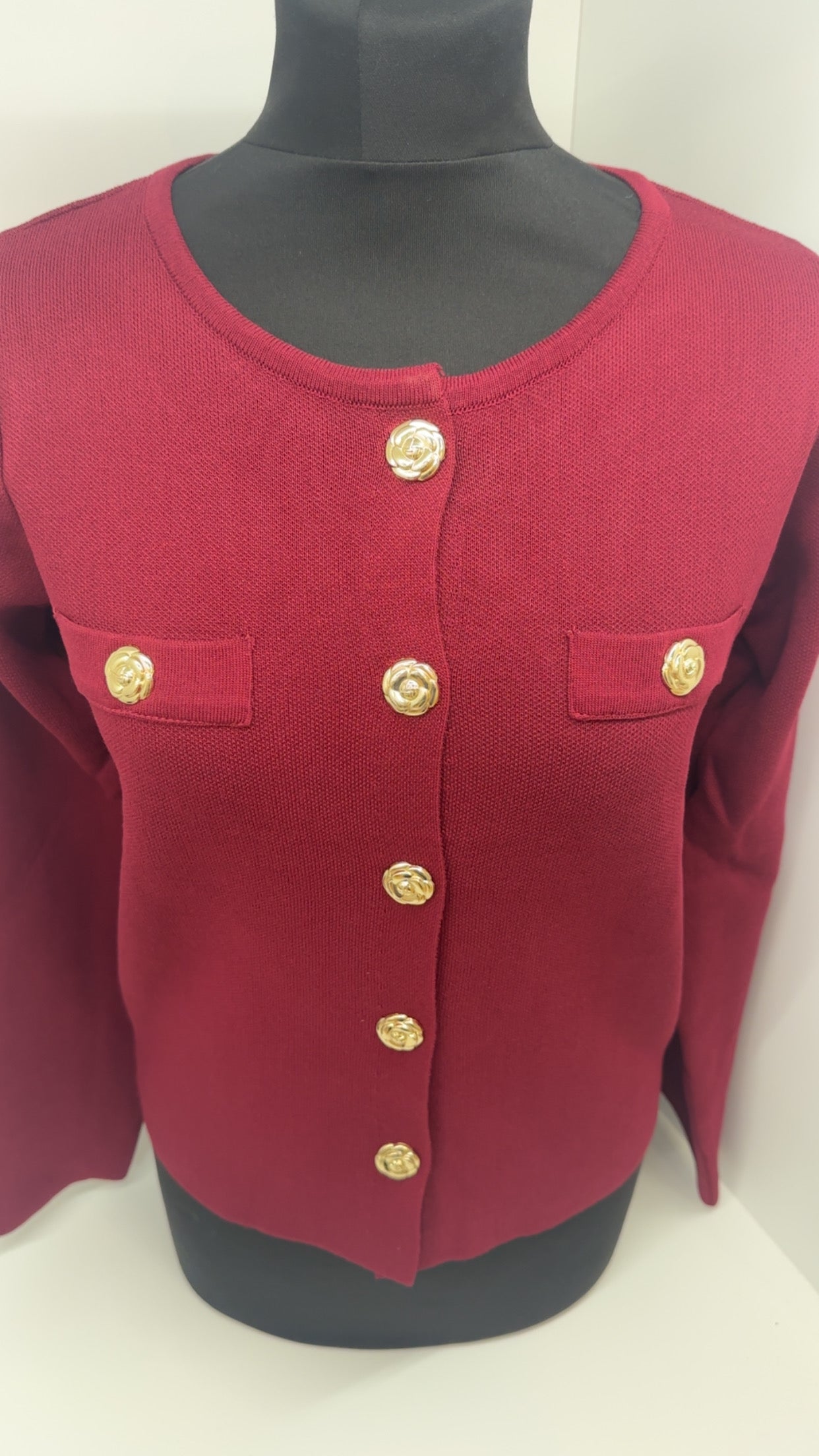 Burgundy Cardigan With Gold Statement Buttons