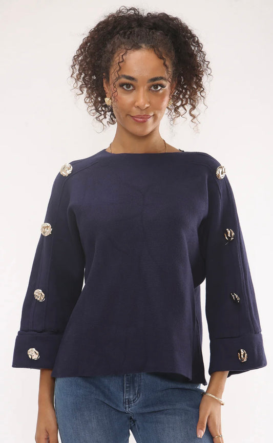 Navy Thick Knit Jumper With Gold Statement Buttons