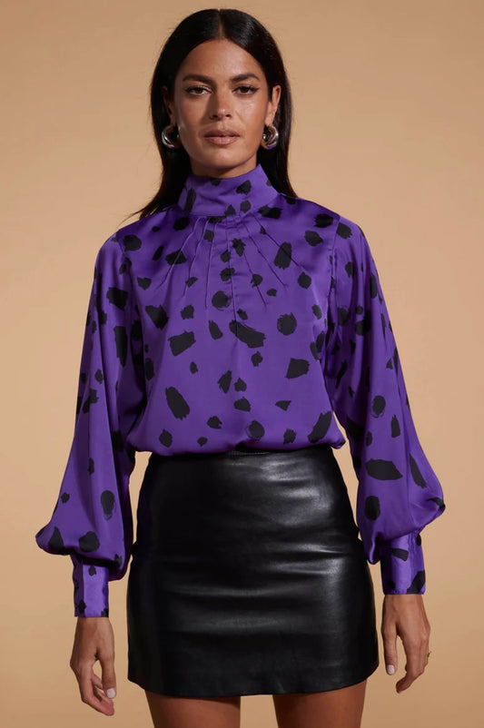 Margo Pintuck Blouse In Abstract Black Dot On Purple