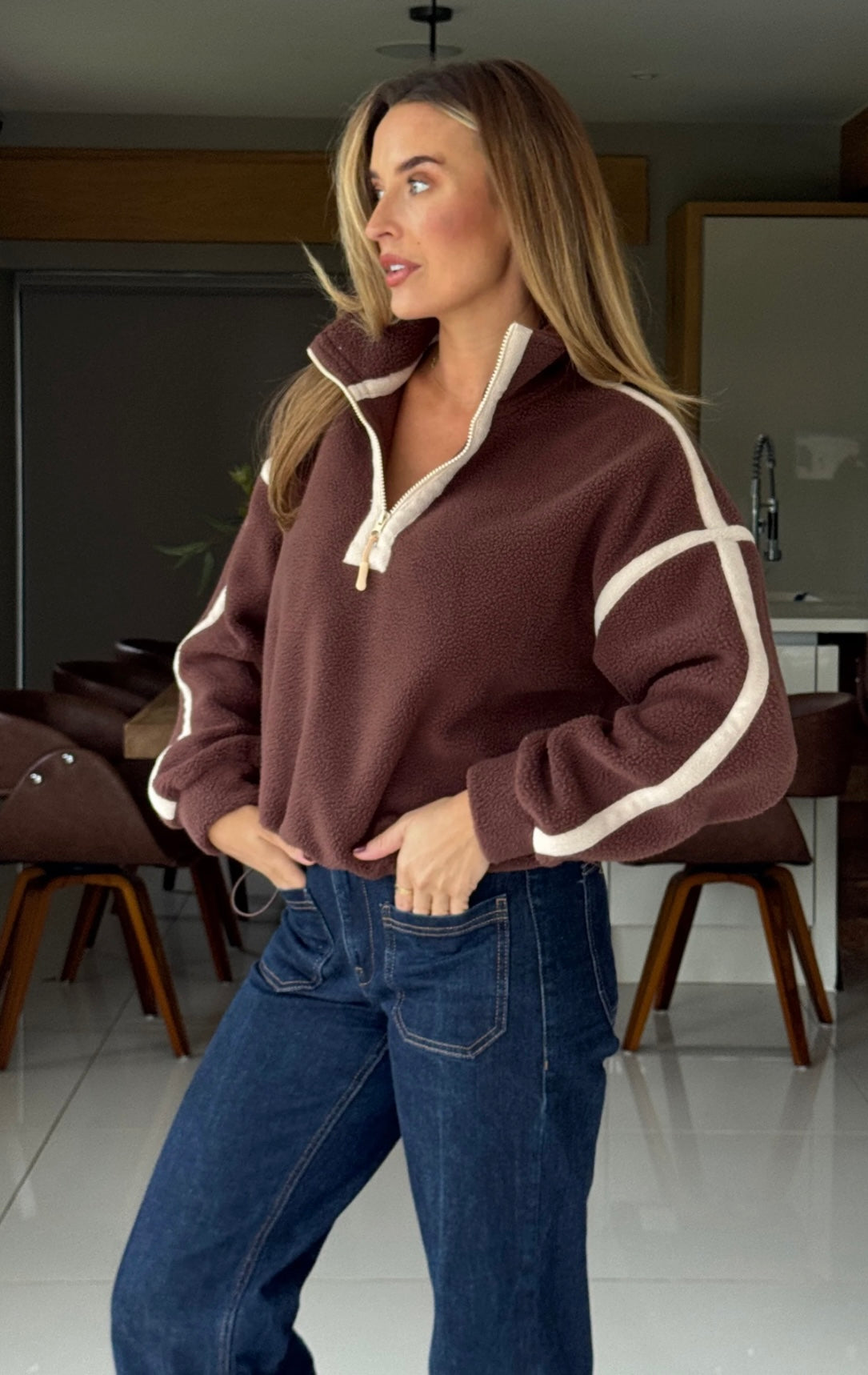 Lulu 1/4 Zip Fleece In Brown & Cream