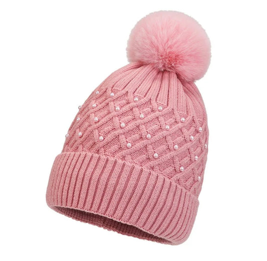 Pink Pearl Fleece Lined Pom Hat
