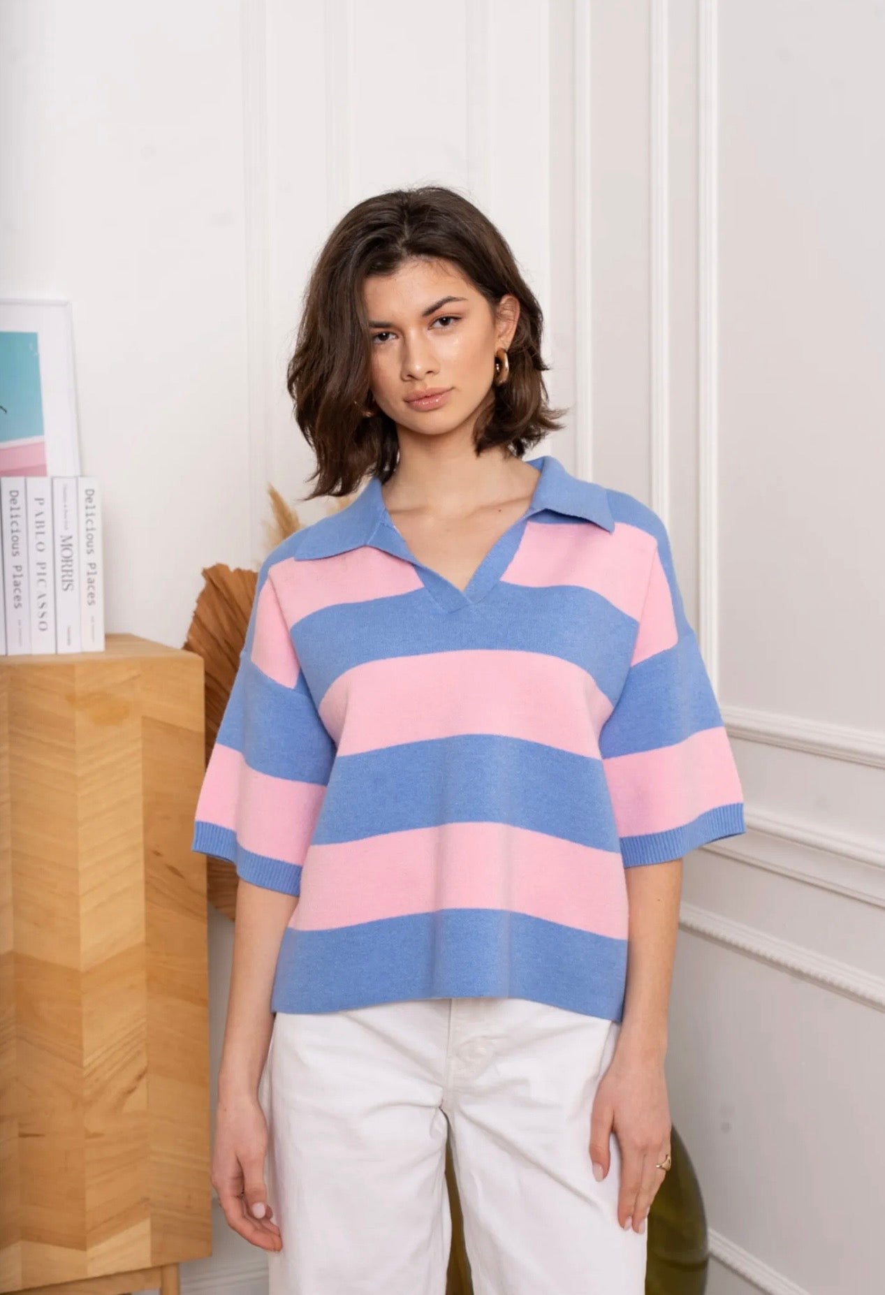 Blue & Pink Striped Collared Top
