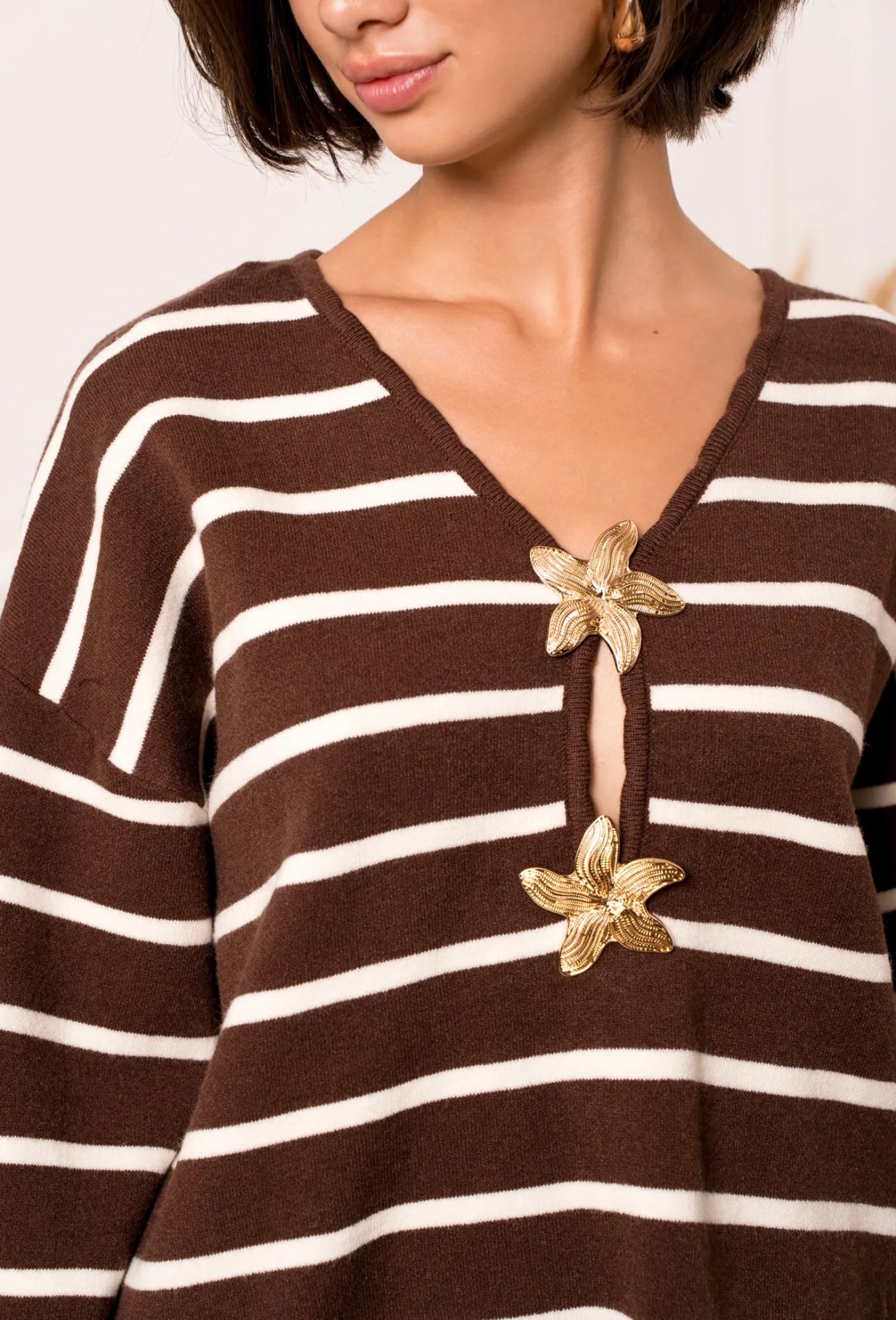 Brown & Cream Striped Jumper With Gold Button Appliqué