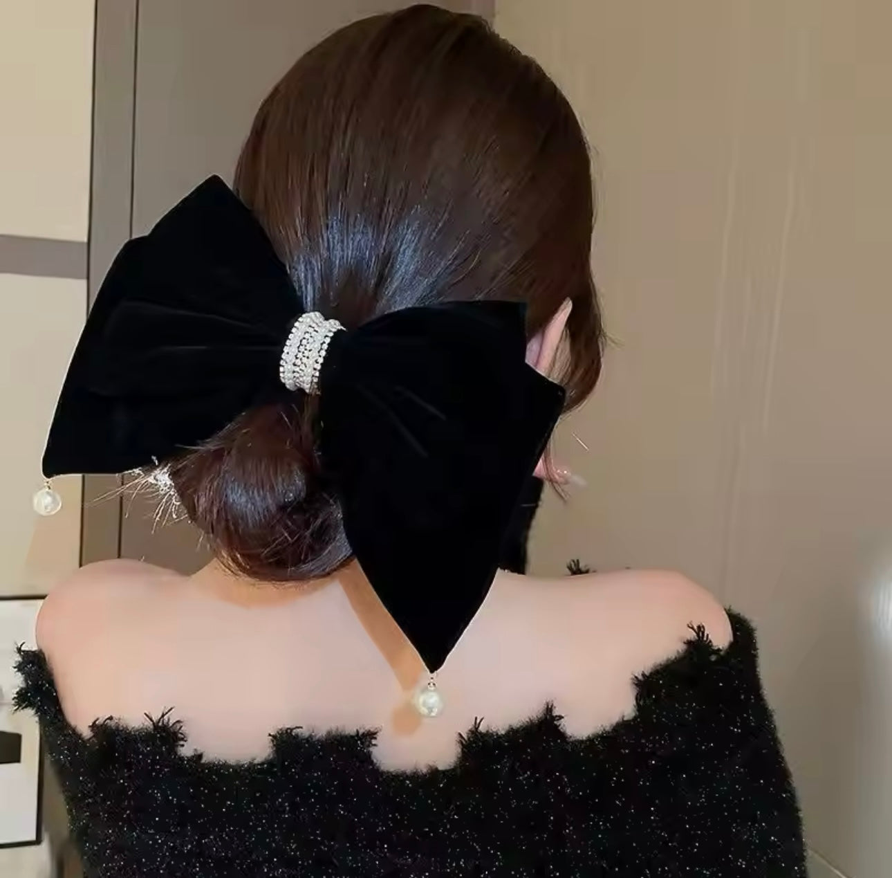 Large Pearl Diamanté Velvet Bow Black