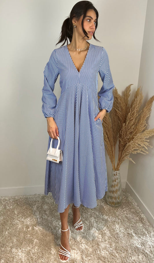 Millie Blue Striped Shirt Midi Dress