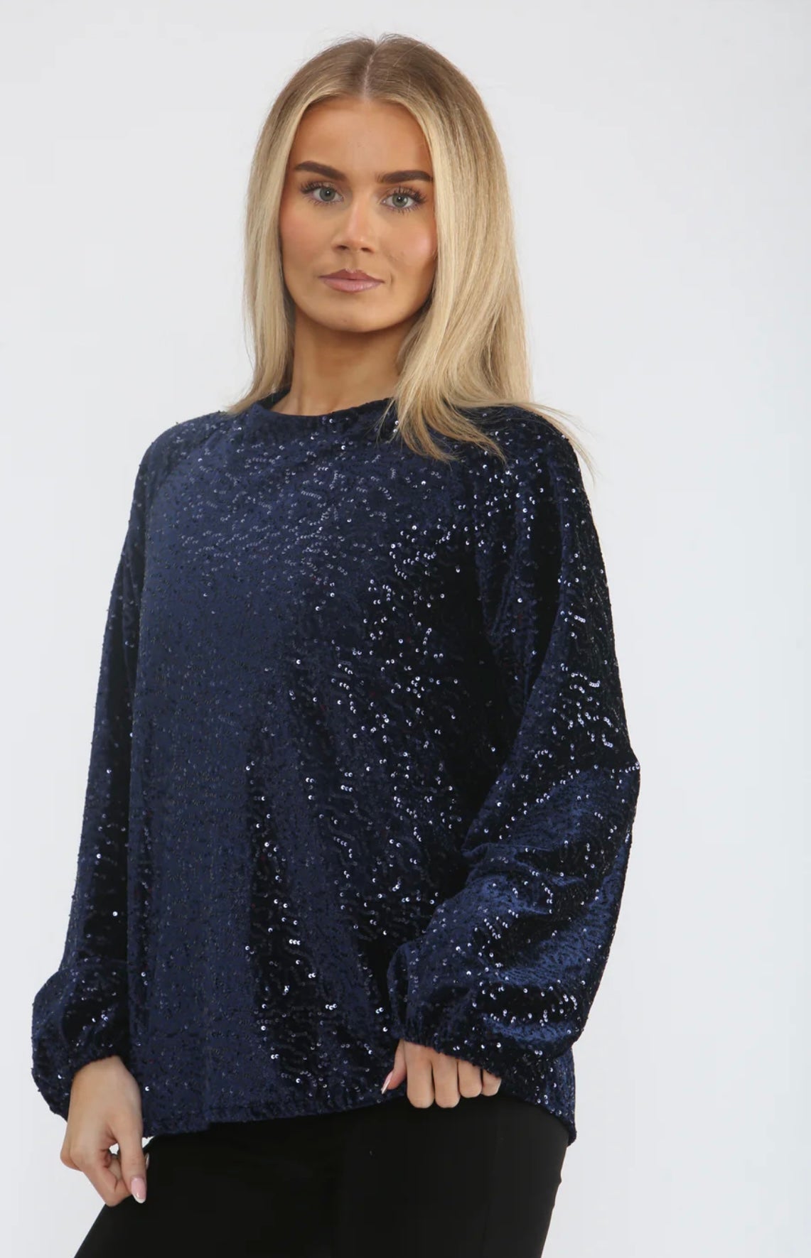 Navy Velvet Sequin Top With Bow Detail Back