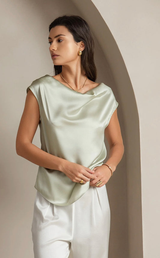 Kerrie Sage Green Satin Cowl Neck Top