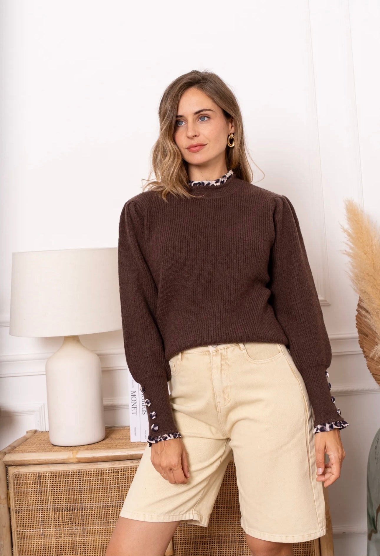 Brown Jumper With Leopard Collar & Cuff Detail