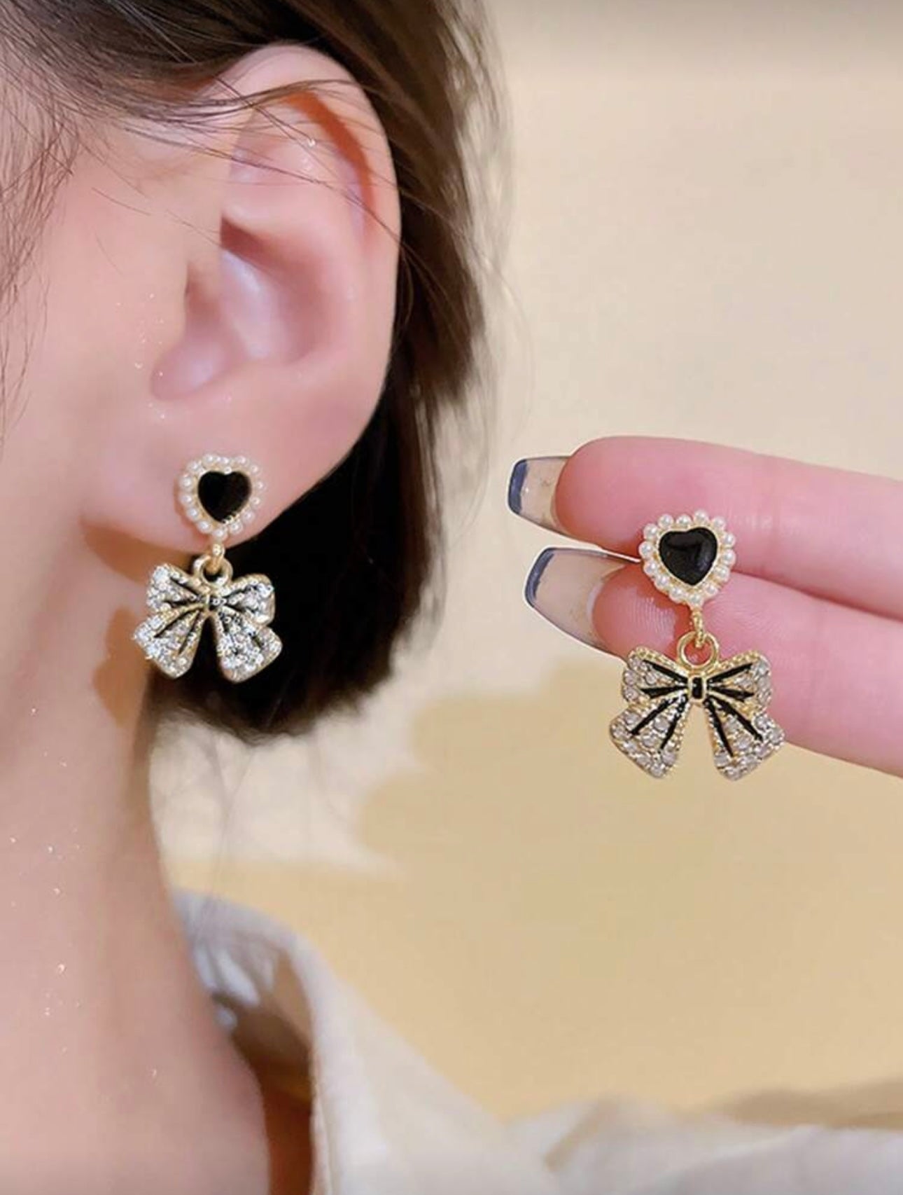 Black Pearl & Diamanté Bow Earrings