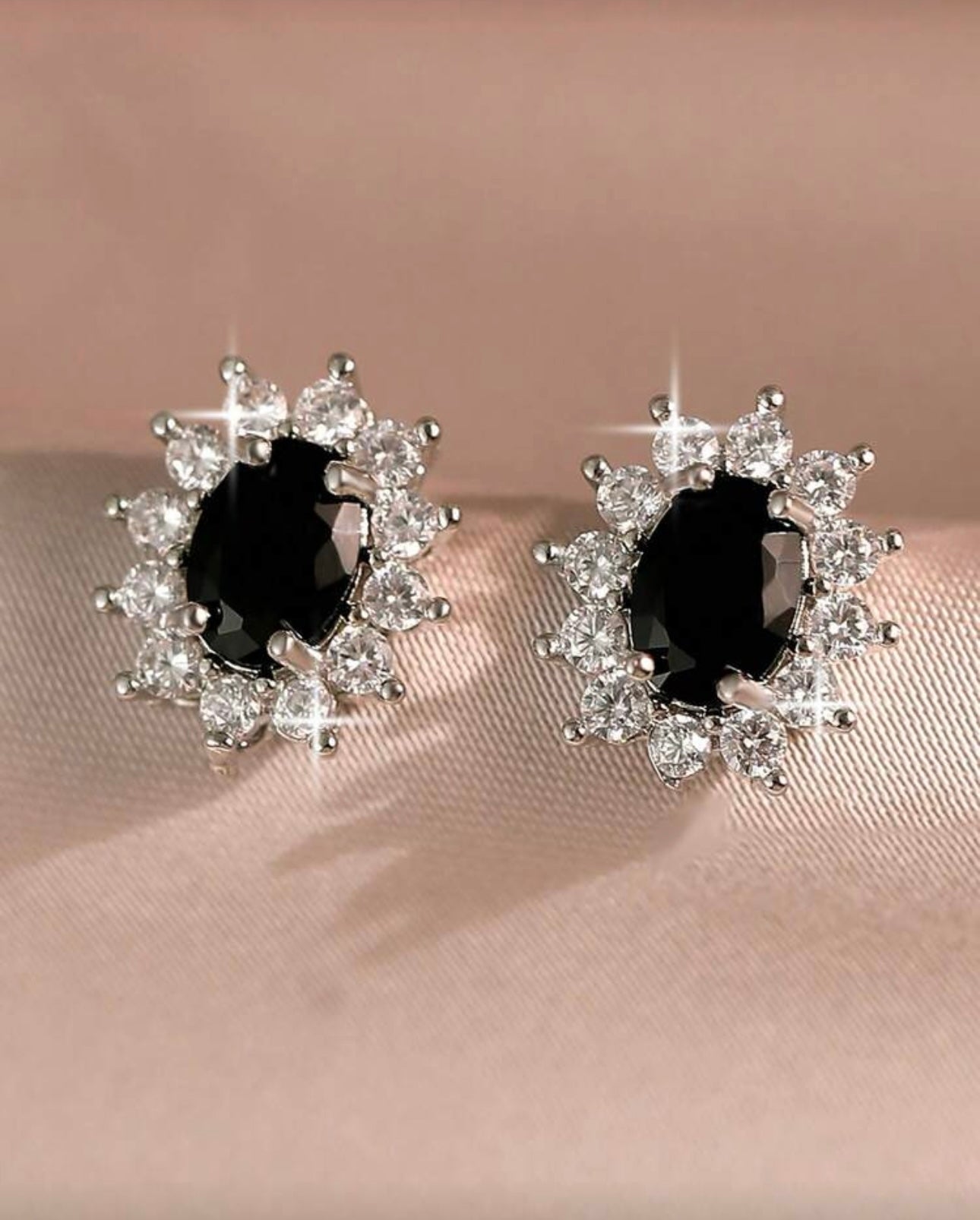 Silver & Black Diamanté Round Earrings