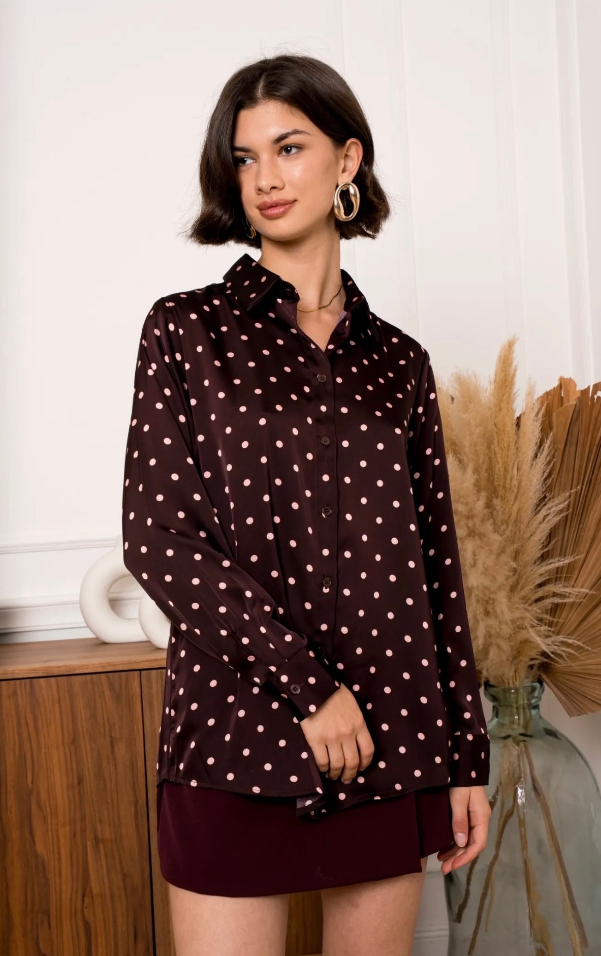 Brown & Pink Polka Dot Satin Shirt