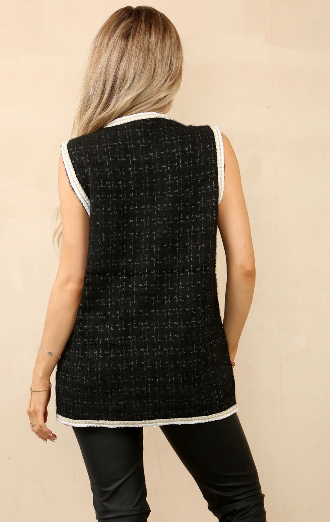 Daniella Soft Tweed Knitted Pearl Waistcoat Black