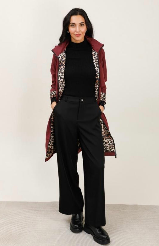 Burgundy Leopard Print Waterproof Coat