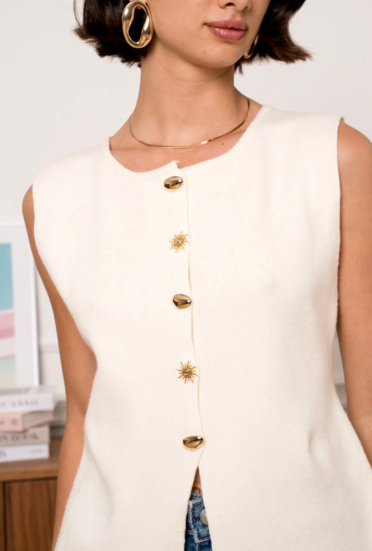 Khloe Cream Waistcoat With Gold Button Appliqué