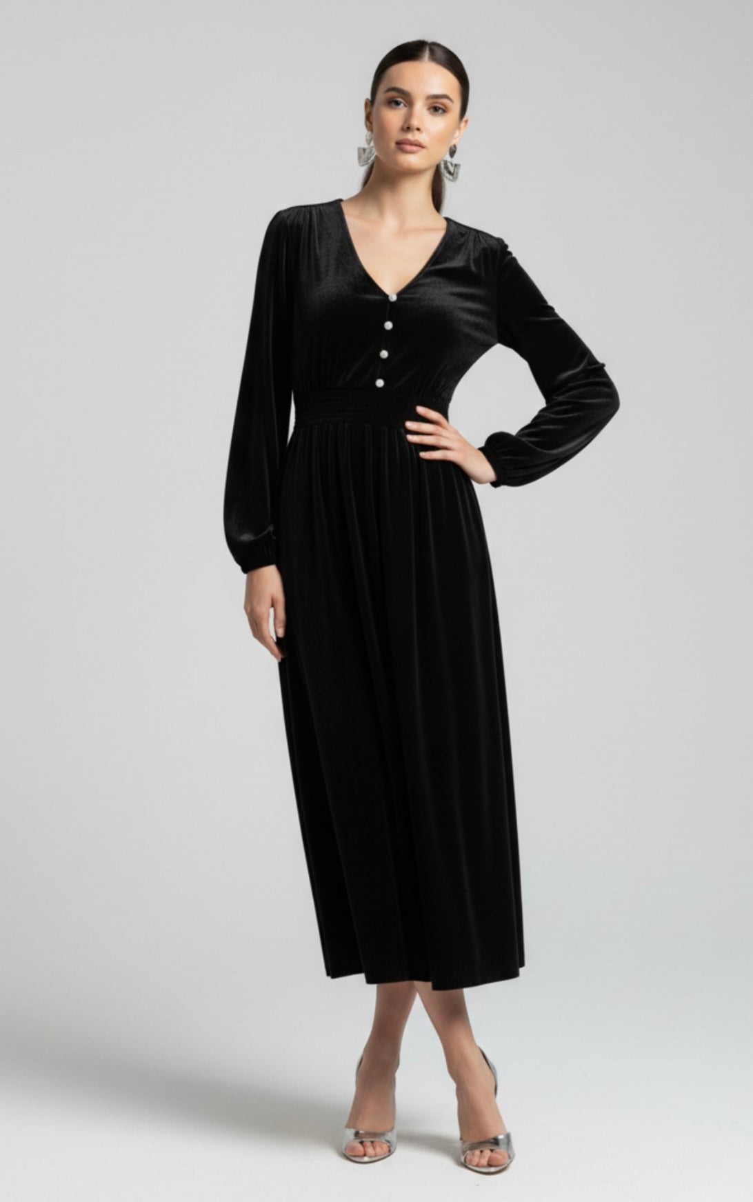 Black Velvet Diamanté Button Embellished Midi Dress