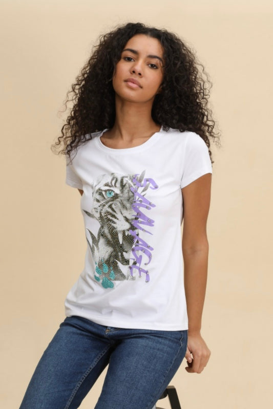 Leopard Sage Embellished T-Shirt White