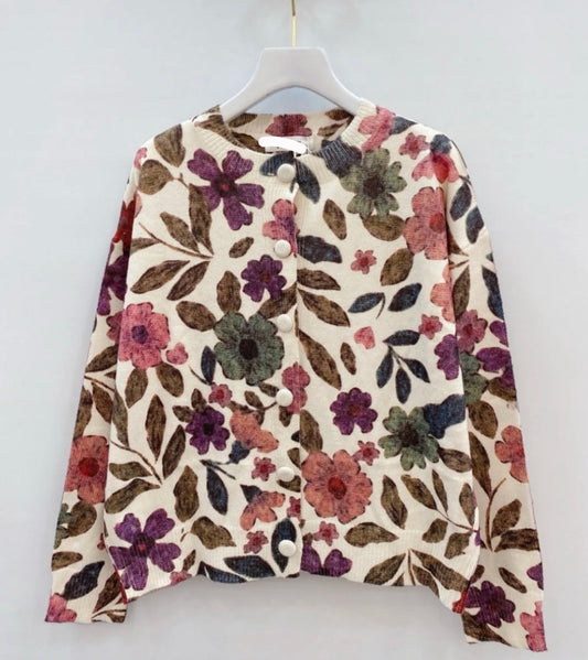 Khaki & Plum Floral Cardigan