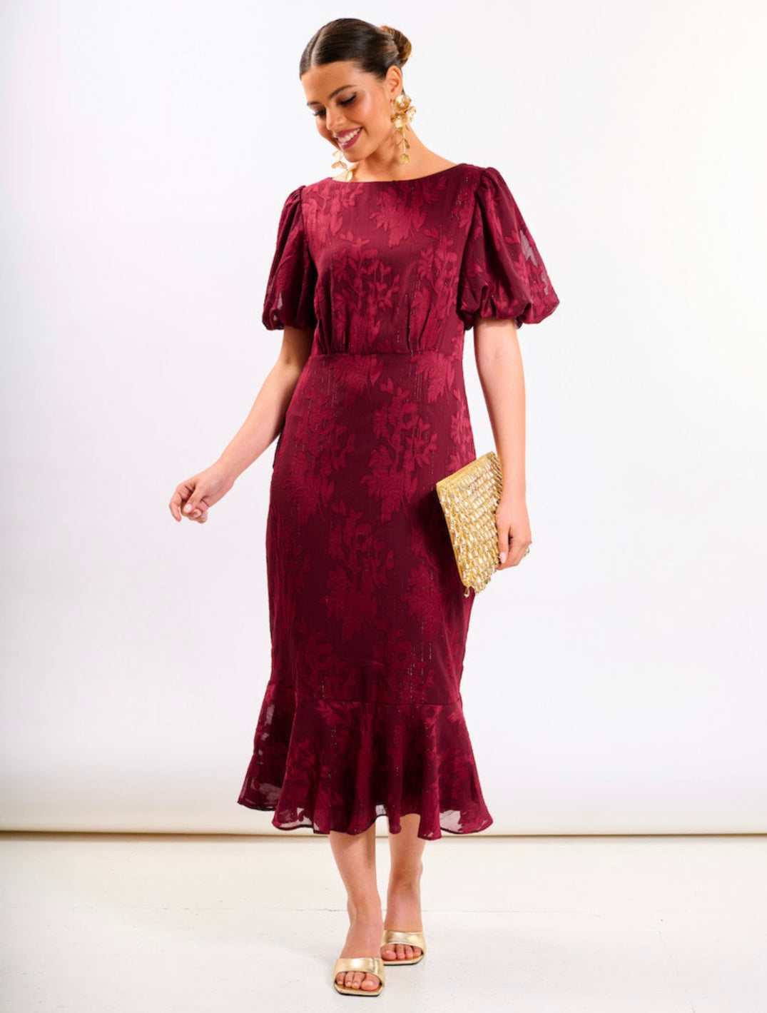 Burgundy Shimmer Puff Sleeve Midi Dress