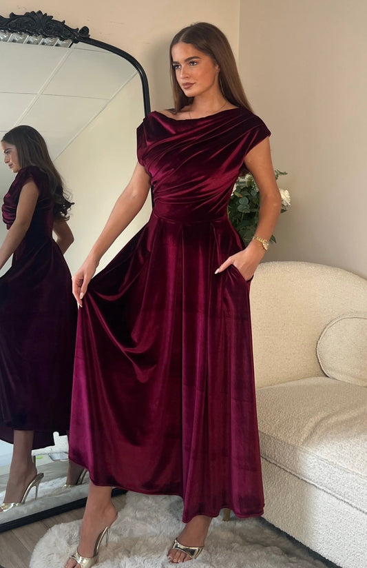 Betty Velvet Burgundy Midi Dress