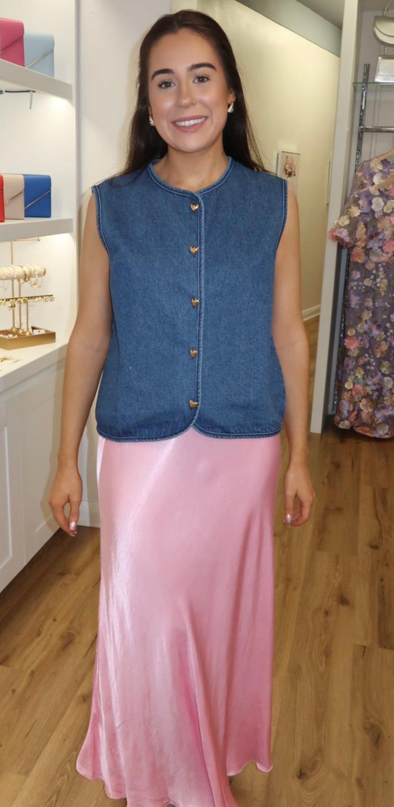 Kimberly Denim Waistcoat With Gold Heart Button Detail