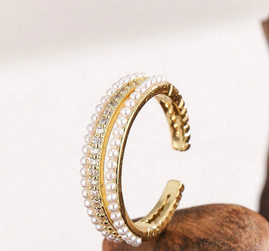 Pearl Diamanté Triple Bar Ring