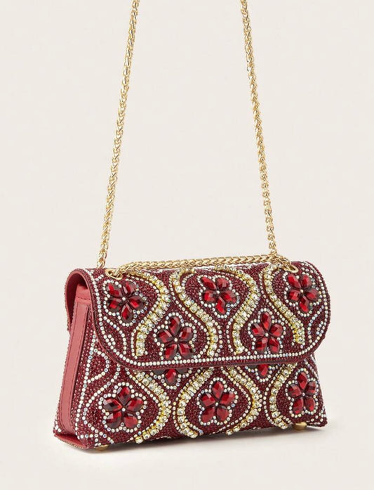 Burgundy & Gold Diamanté Embellished Handbag