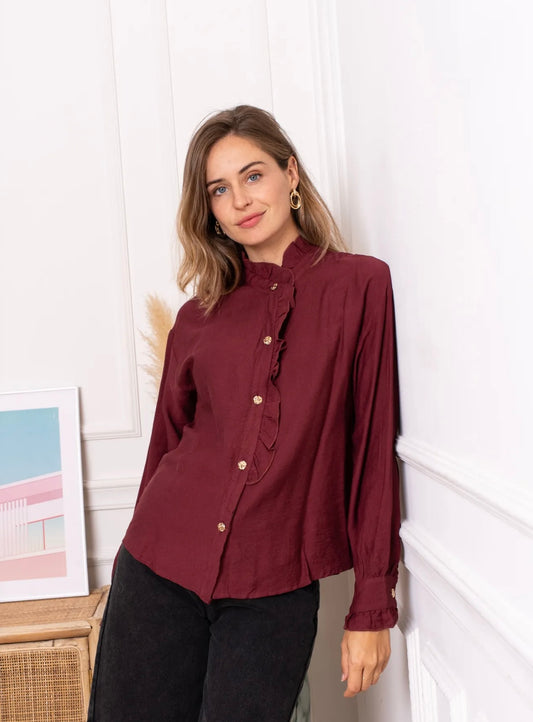 Burgundy Frill Blouse With Gold Button Appliqué