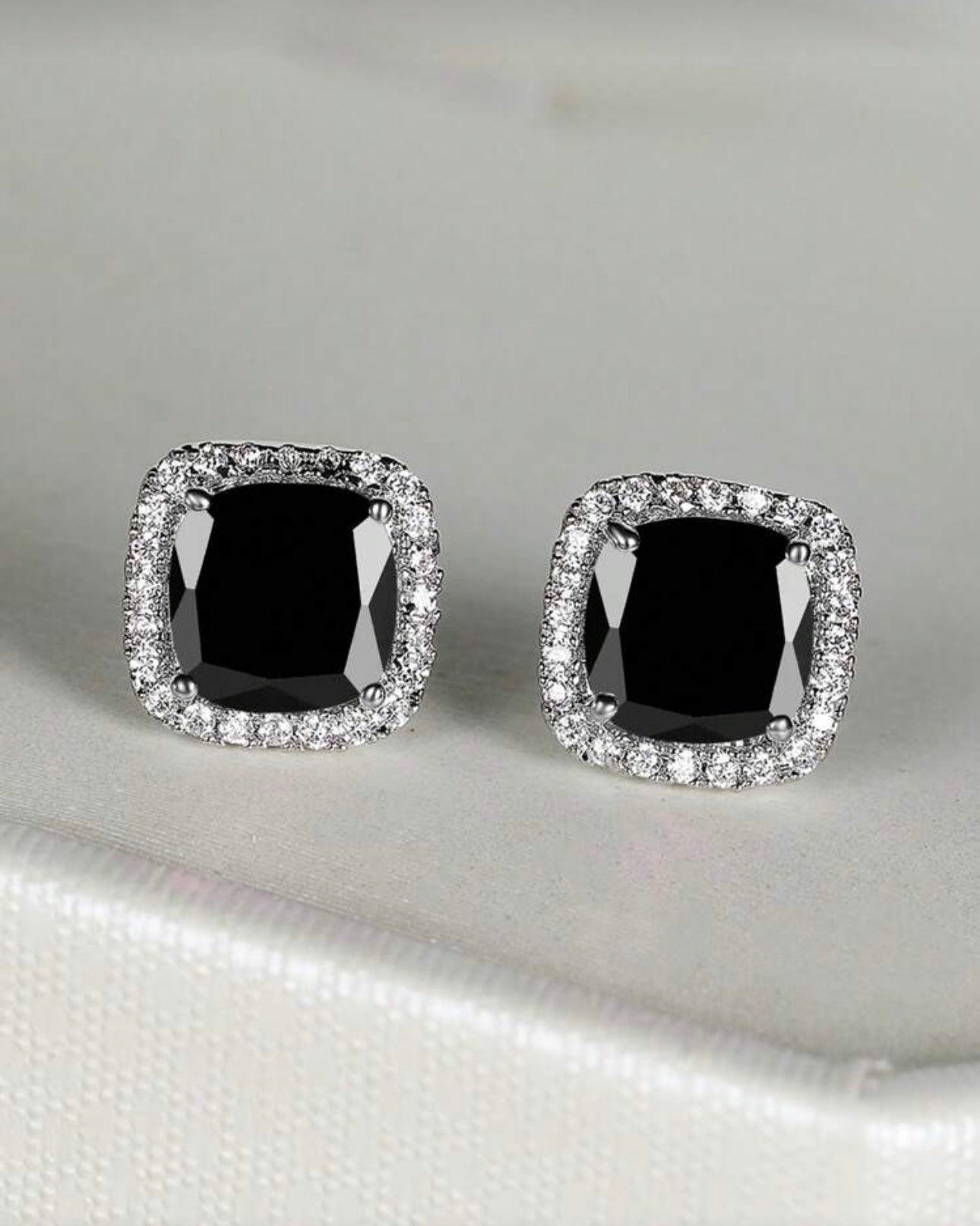 Silver & Black Diamanté Square Earrings