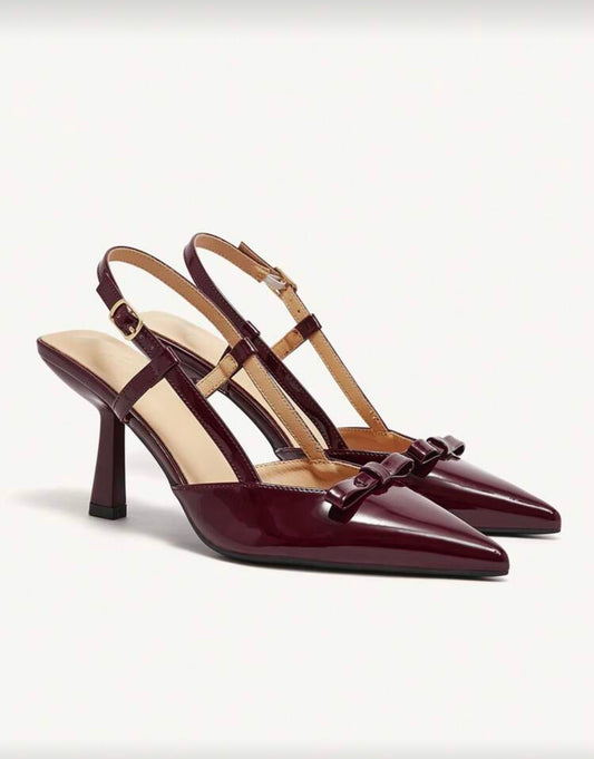 Burgundy Patent Bow Detail Slingback Heels
