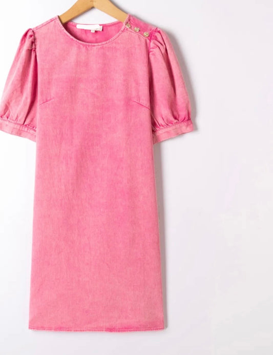Fushia Denim Dress With Gold Button Detail