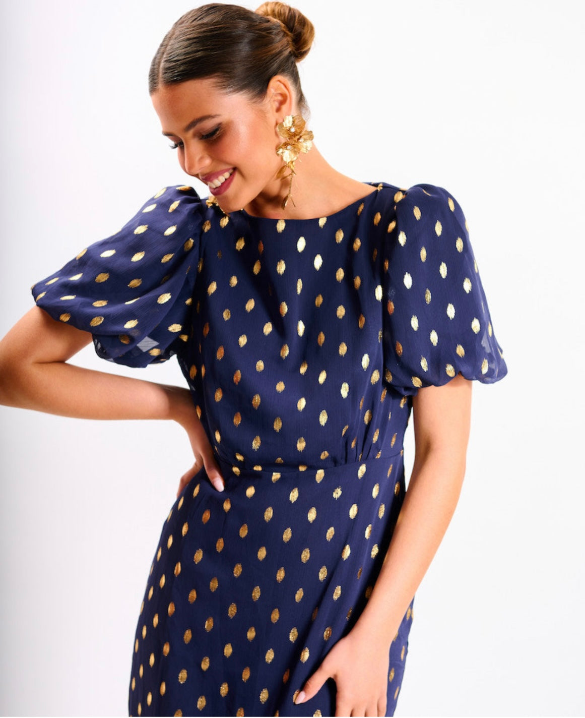 Claudia Navy Gold Foil Polka Dot Midi Dress