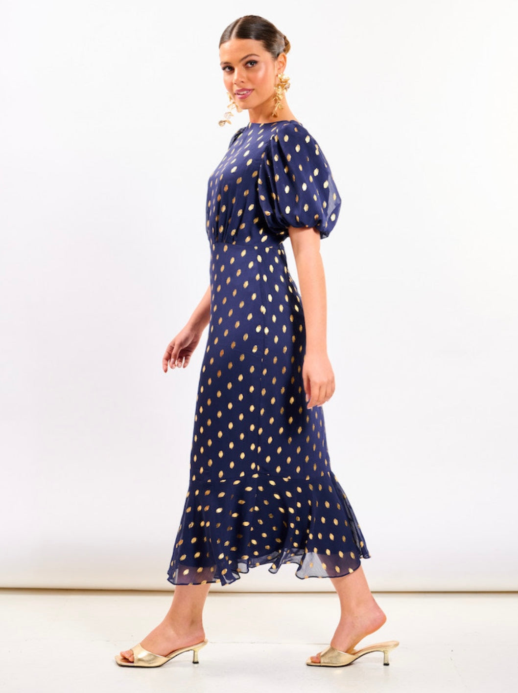 Claudia Navy Gold Foil Polka Dot Midi Dress