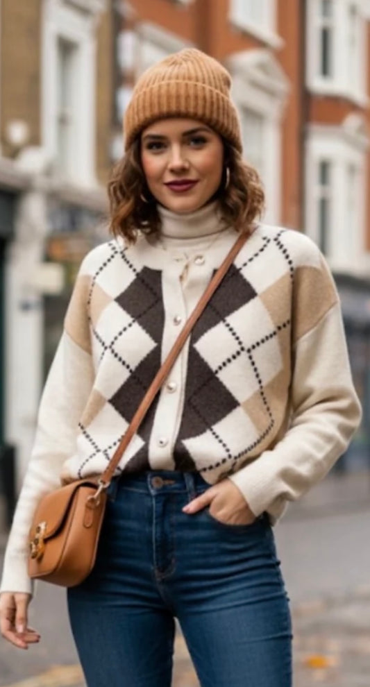 Cream & Brown Argyle Pattern Cardigan With Gold Button Detail