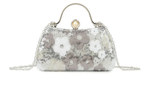 Silver Diamanté Handle Floral Sequin Bag