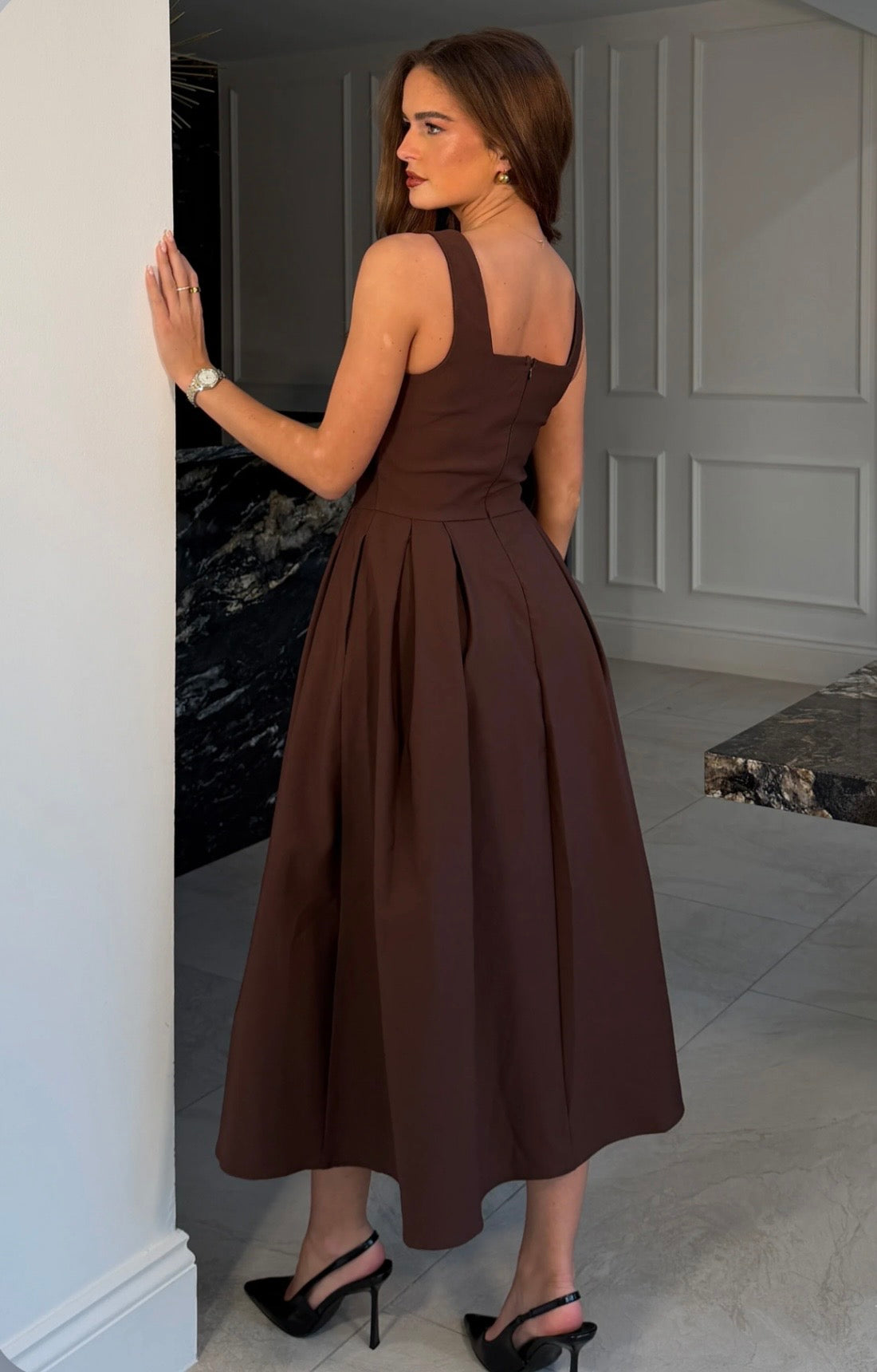 Nesta Boat Neck Skater Midi Dress Brown