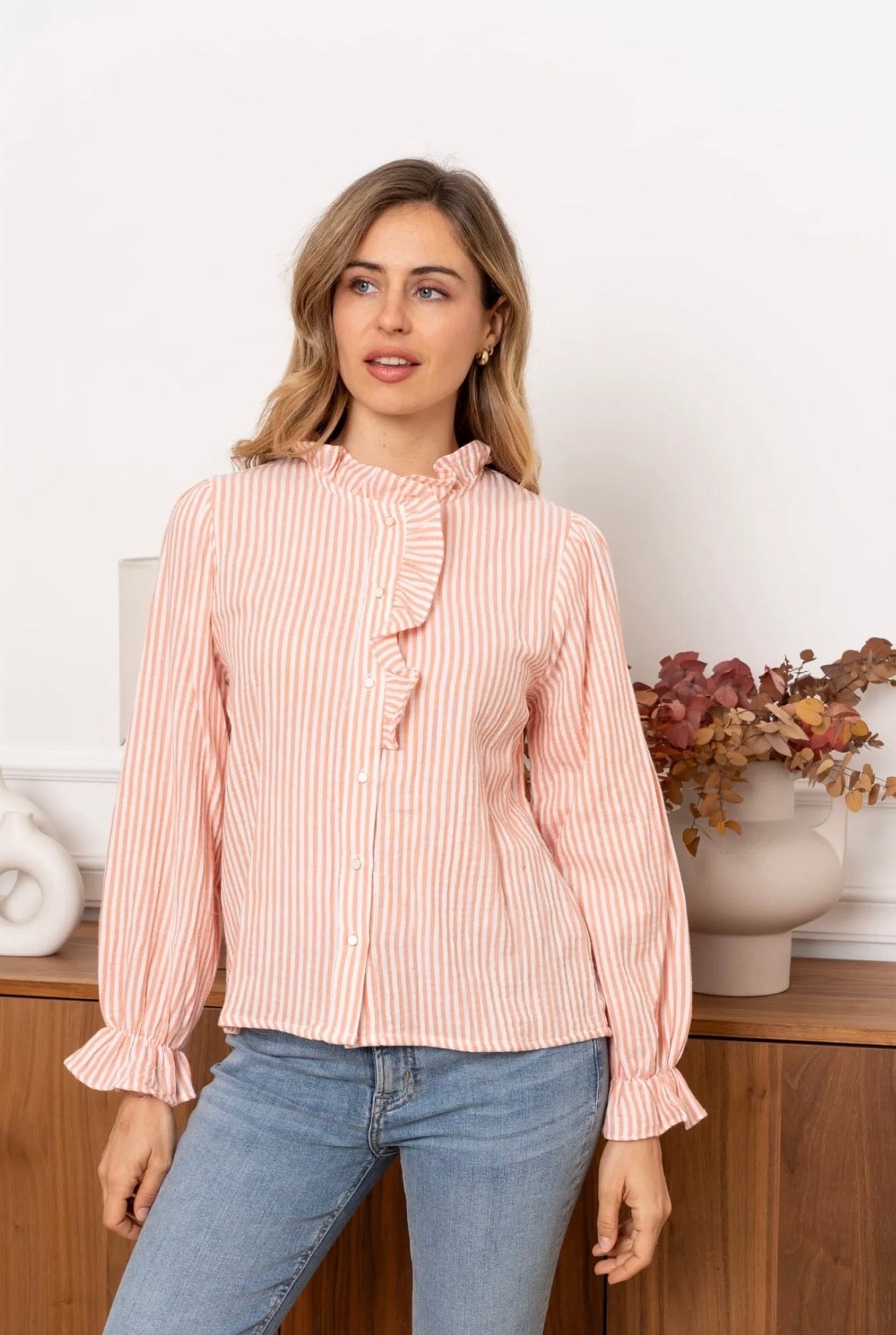 Carla Orange & White Striped Ruffle Shirt