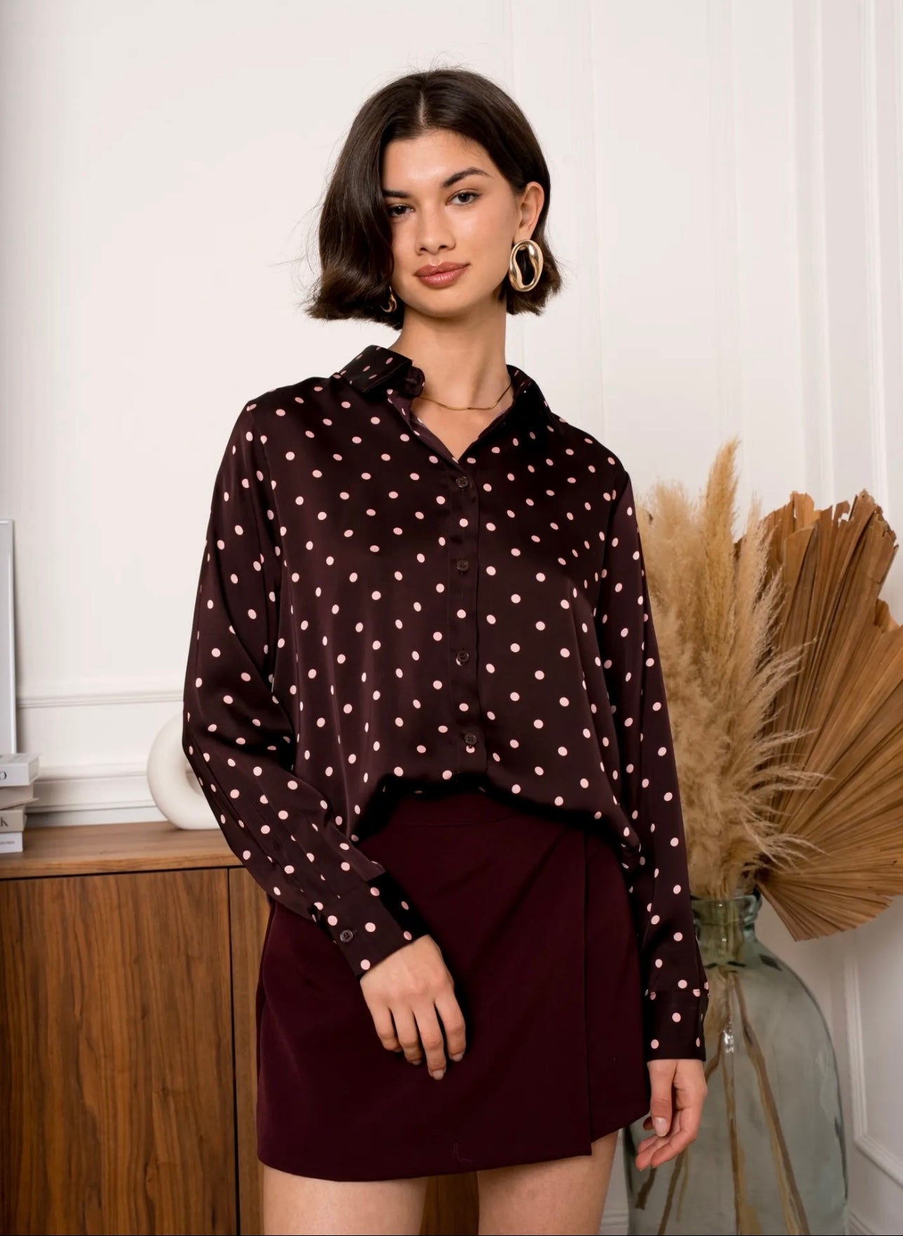 Brown & Pink Polka Dot Satin Shirt