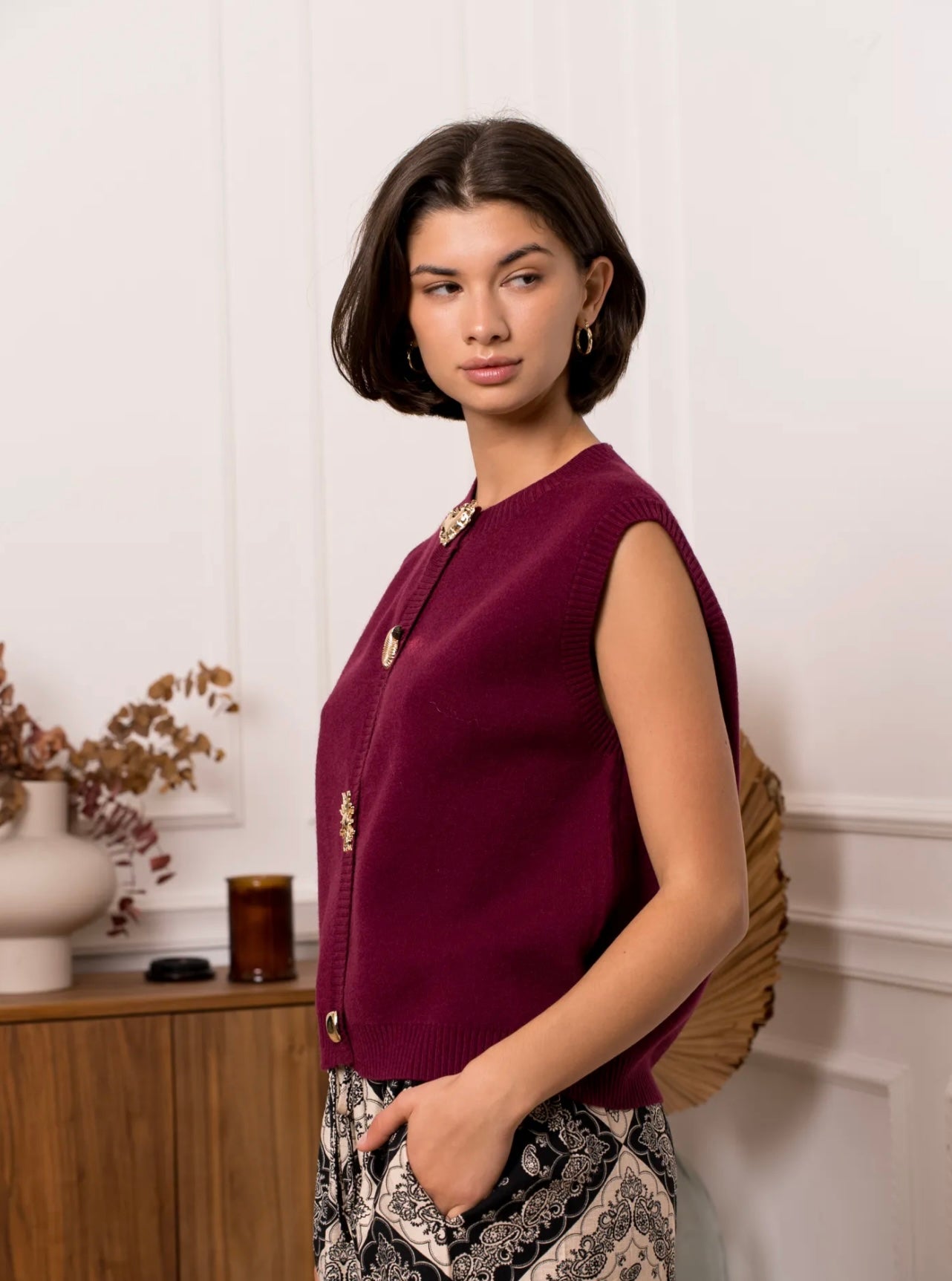 Burgundy Waistcoat With Statement Buttons