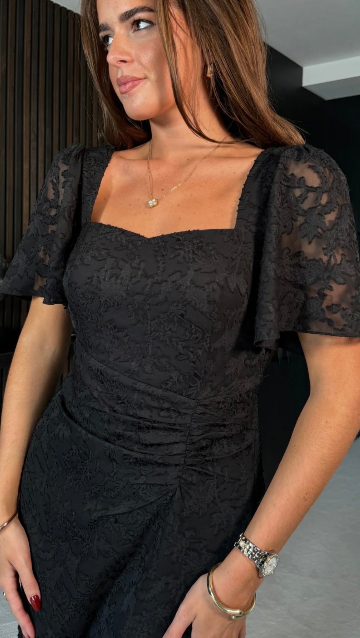 Heidi Floral Burnout Ruched Midi Dress Black