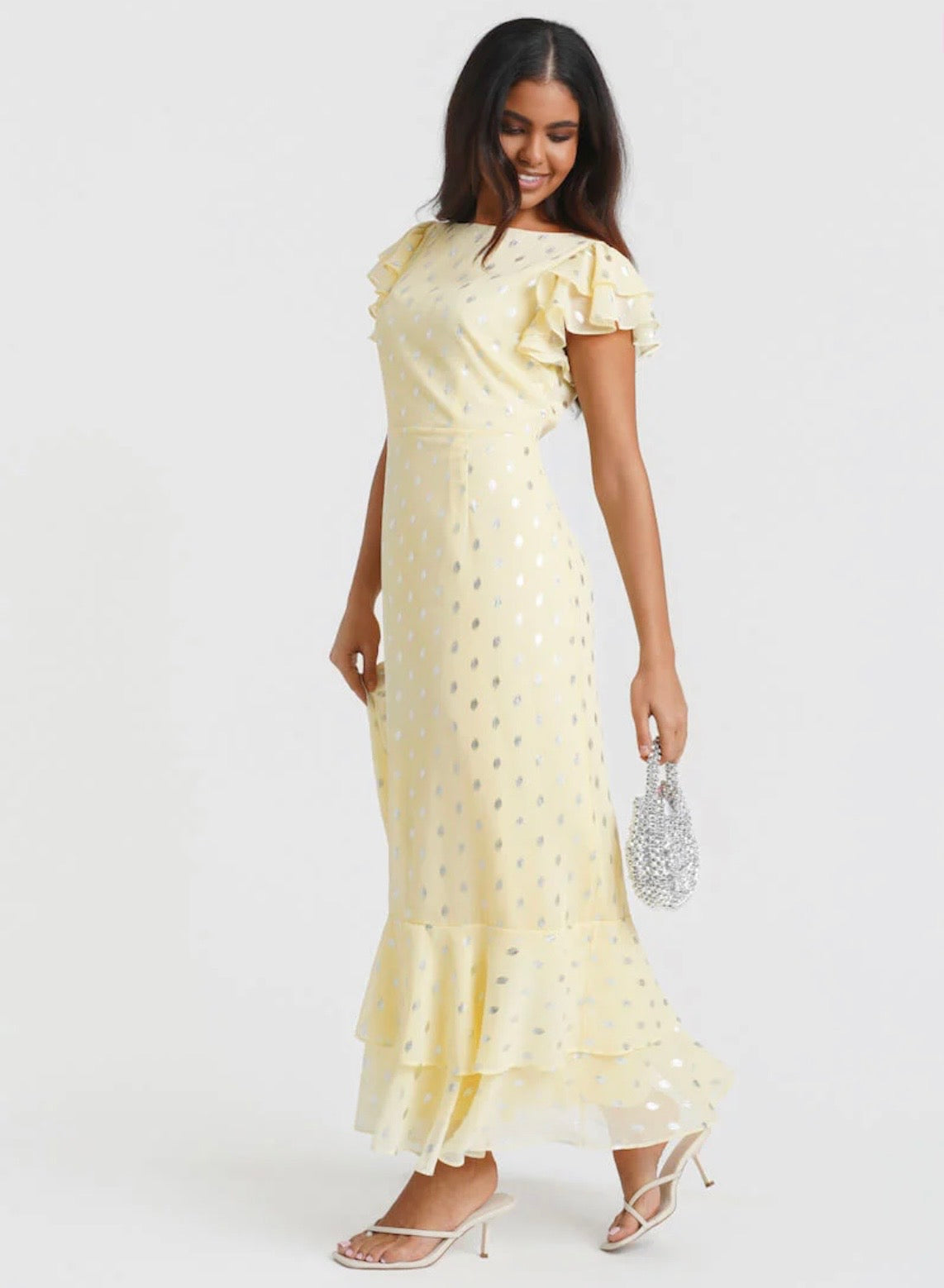 Nadia Lemon Flutter Sleeve Foil Midi Dress