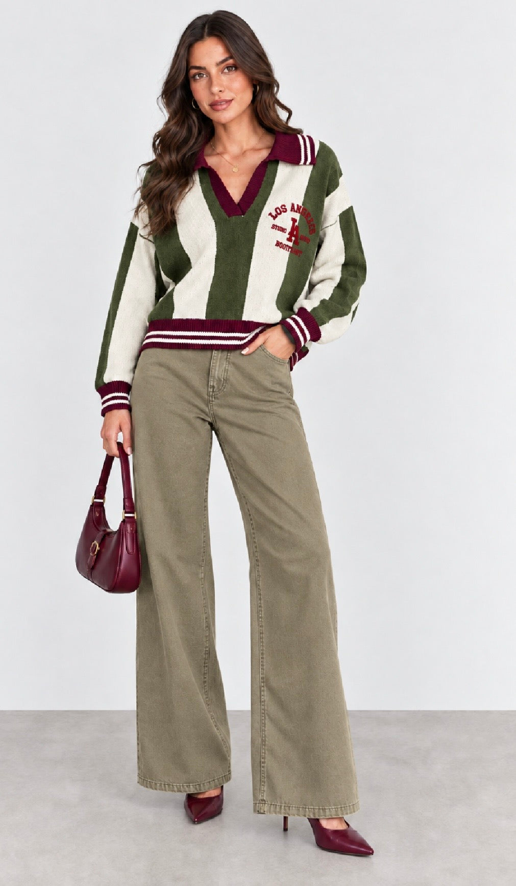 Khaki & Burgundy Collared Jumper