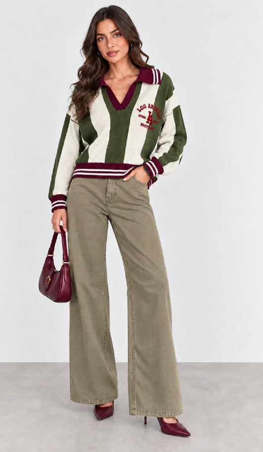 Khaki & Burgundy Collared Jumper
